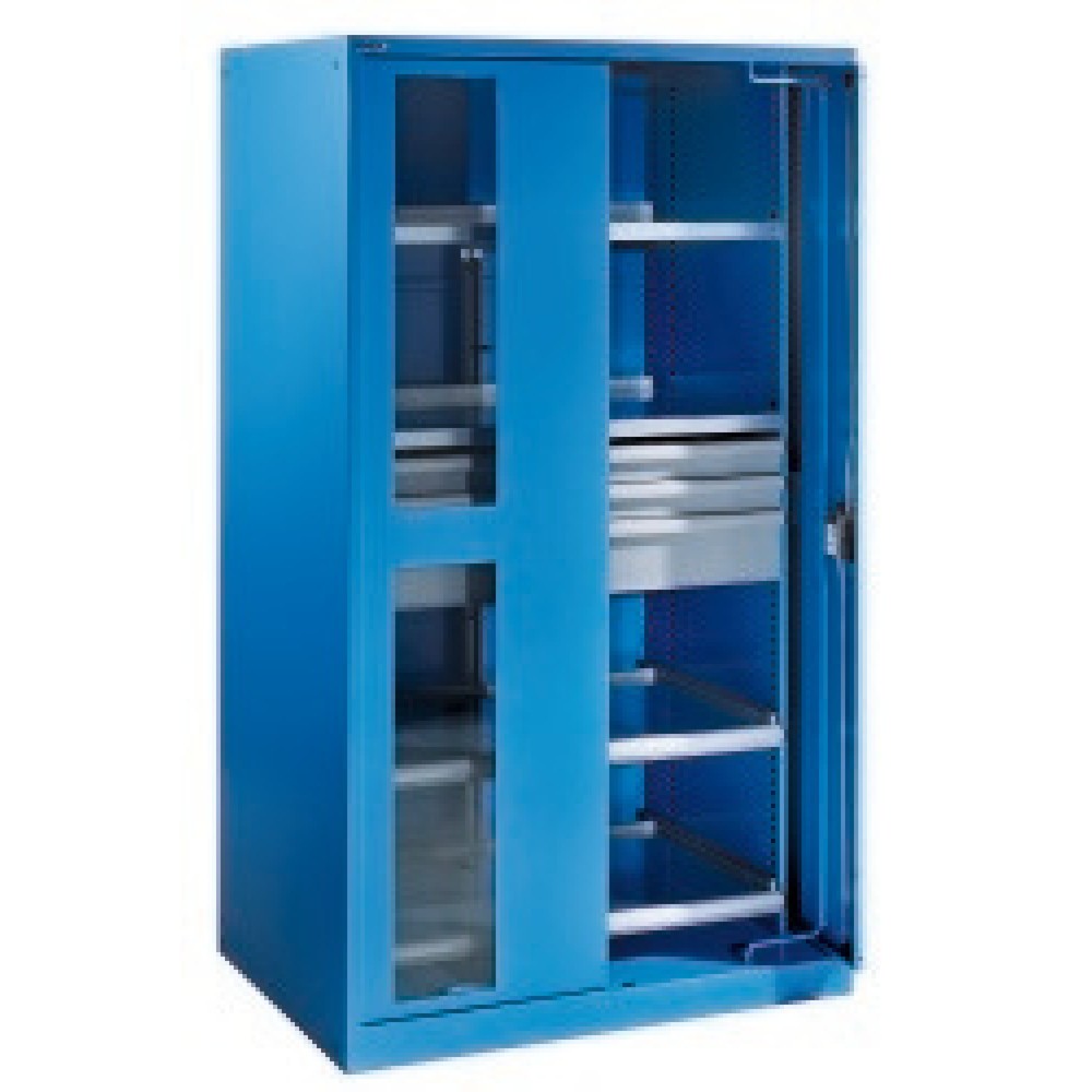 Armoire pour charges lourdes LISTA avec portes rétractables + vitres transparentes, 2 tablettes + 3 tiroirs + 2 tablettes coulissantes, H x l x P 1 950 x 1 146 x 690 mm, bleu clair