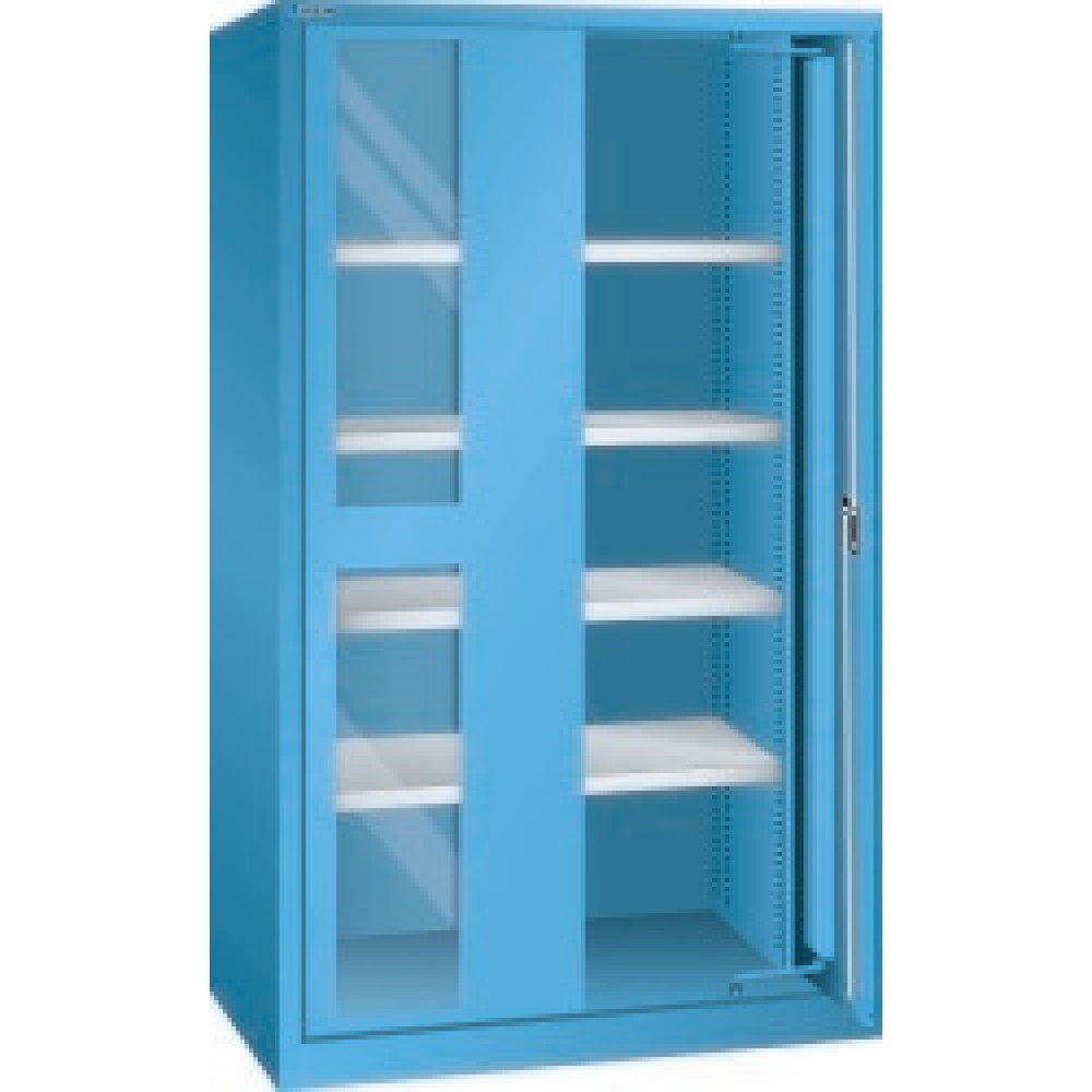 Armoire pour charges lourdes LISTA avec portes rétractables+ vitres transparentes, 4 tablettes, H x l x P 1 950 x 1 146 x 690 mm, bleu clair