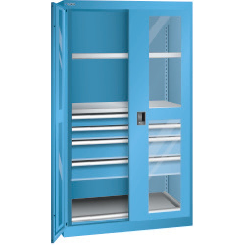 Armoire pour charges lourdes LISTA avec vitres transparentes, 2 tablettes + 4 tiroirs, H x l x P 1 950 x 1 100 x 641 mm, bleu clair