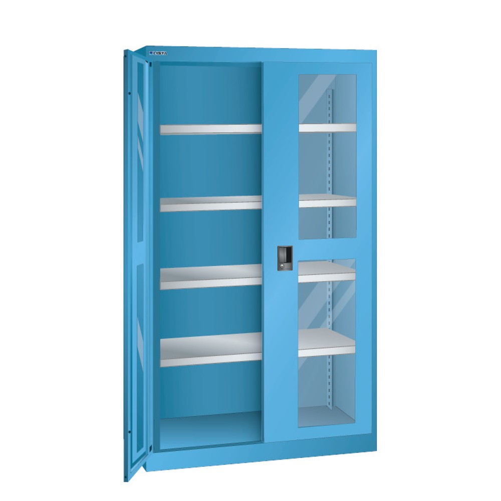 Armoire pour charges lourdes LISTA avec vitres transparentes, 4 tablettes, H x l x P 1 950 x 1 100 x 641 mm, bleu clair