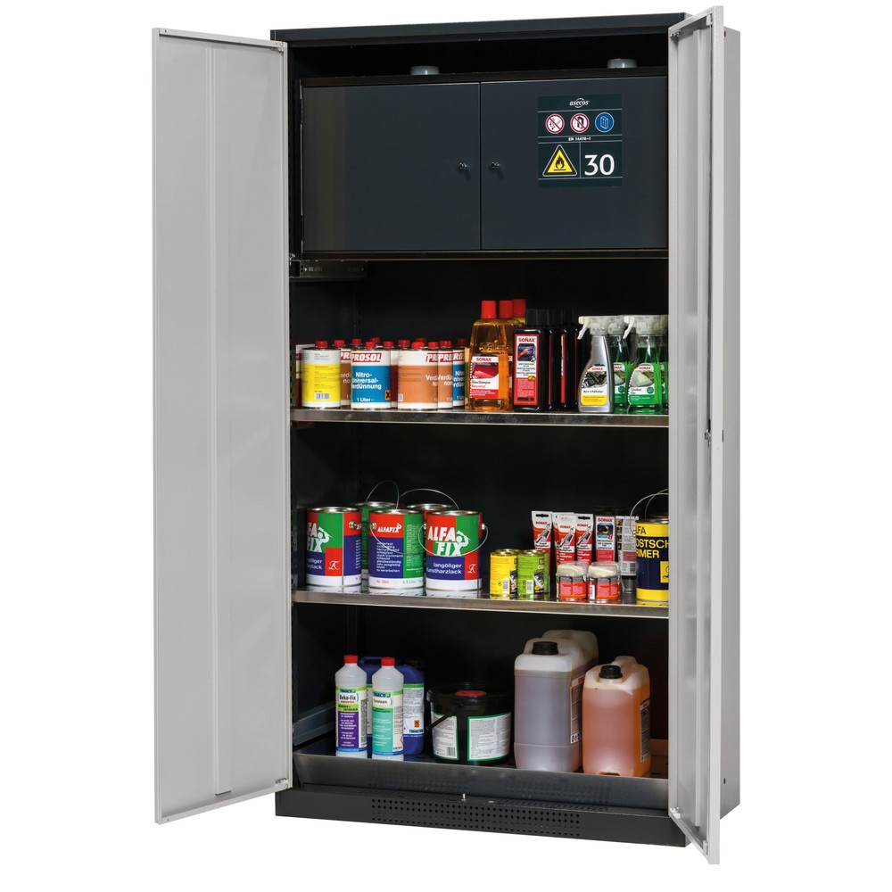 Armoire pour produits chimiques et toxiques avec coffre de sécurité type 30, asecos®, 2 tablettes, 1 bac de rétention, gris clair