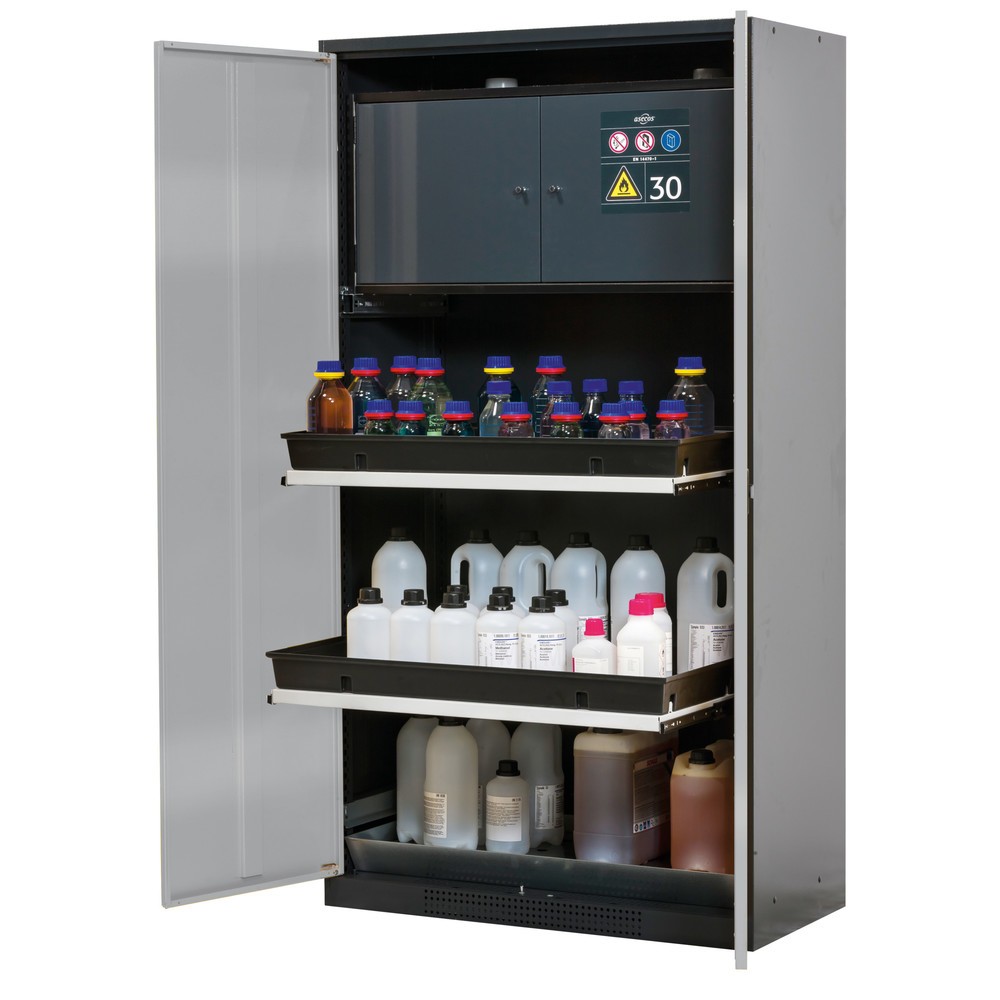 Armoire pour produits chimiques et toxiques avec coffre de sécurité type 30, asecos®, 3 tablettes extractibles, aluminium blanc