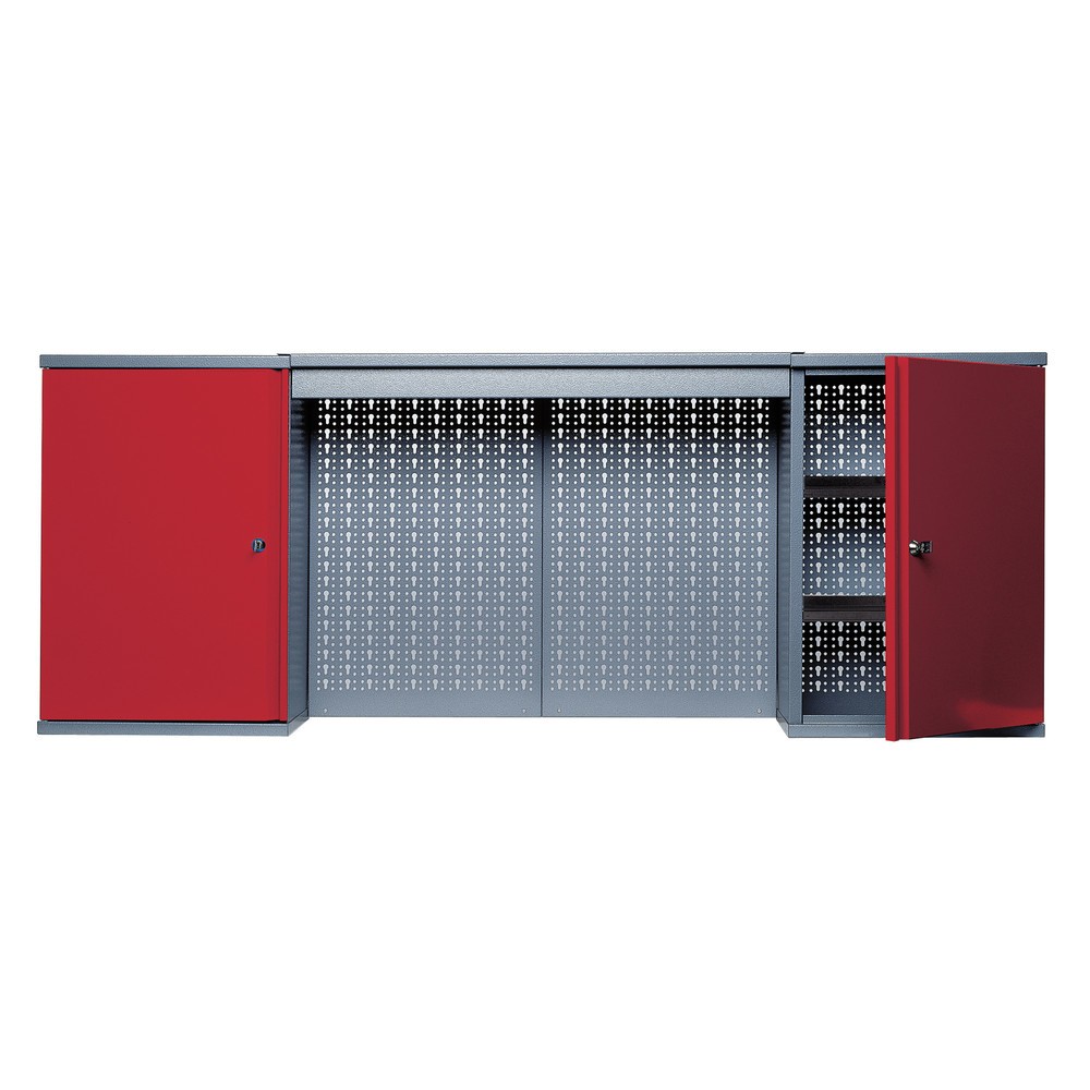 Armoire suspendue avec 4 étagères + 4 parois arrière perforées + bandeau lumineux, H x l x P 600 x 1 600 x 190 mm, rouge