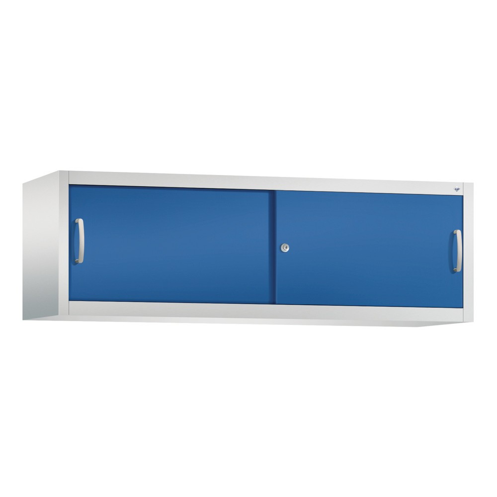 Aufsatzschrank für C+P Werkstatt-Schiebetürenschrank, HxBxT 500 x 1.600 x 400 mm, lichtgrau, enzianblau