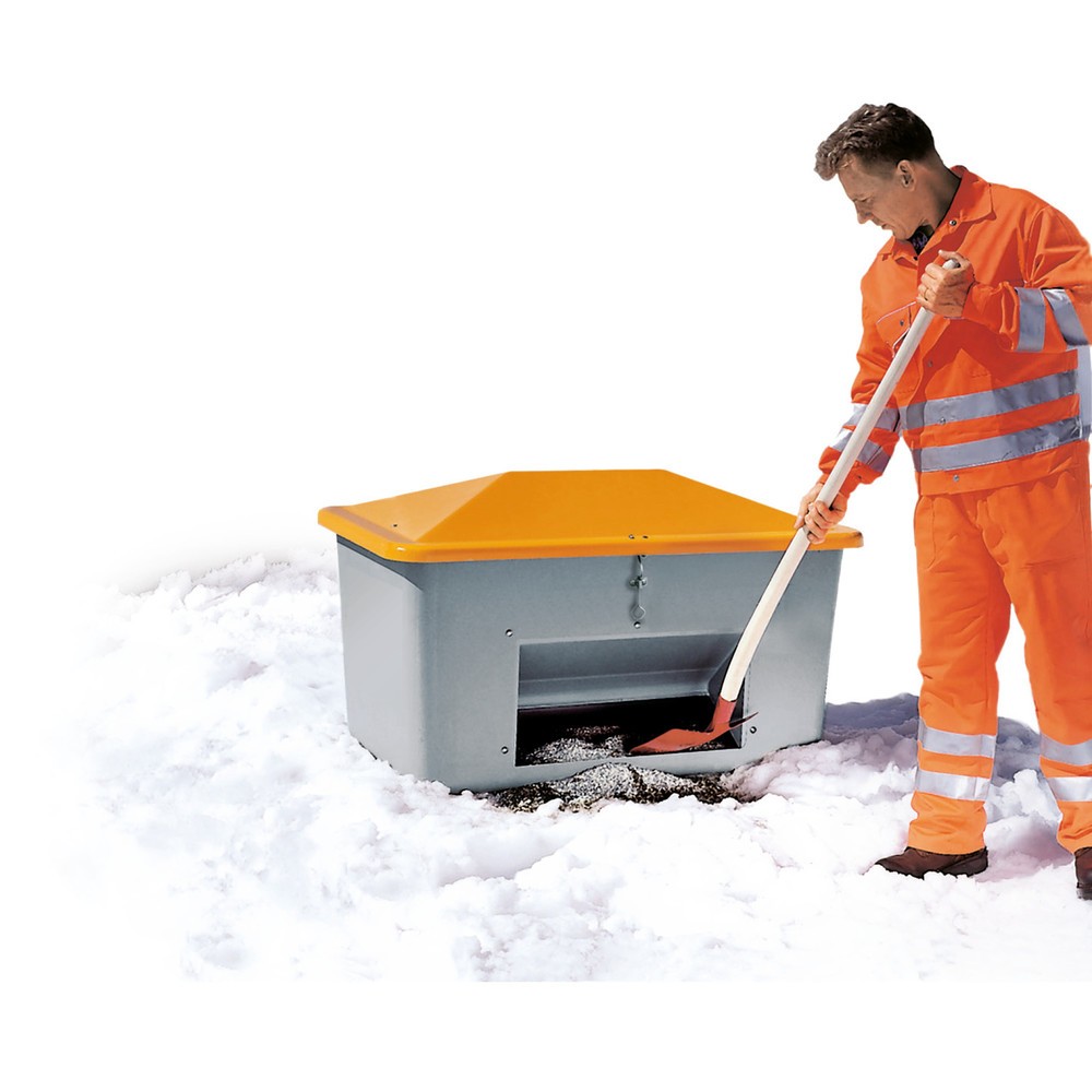 Bac à sel CEMO avec ouverture d’écoulement, gris/orange, 550 litres