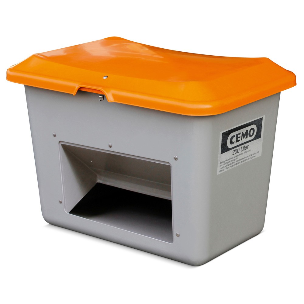 Bac à sel CEMO avec ouverture d’écoulement, gris/orange, 200 litres