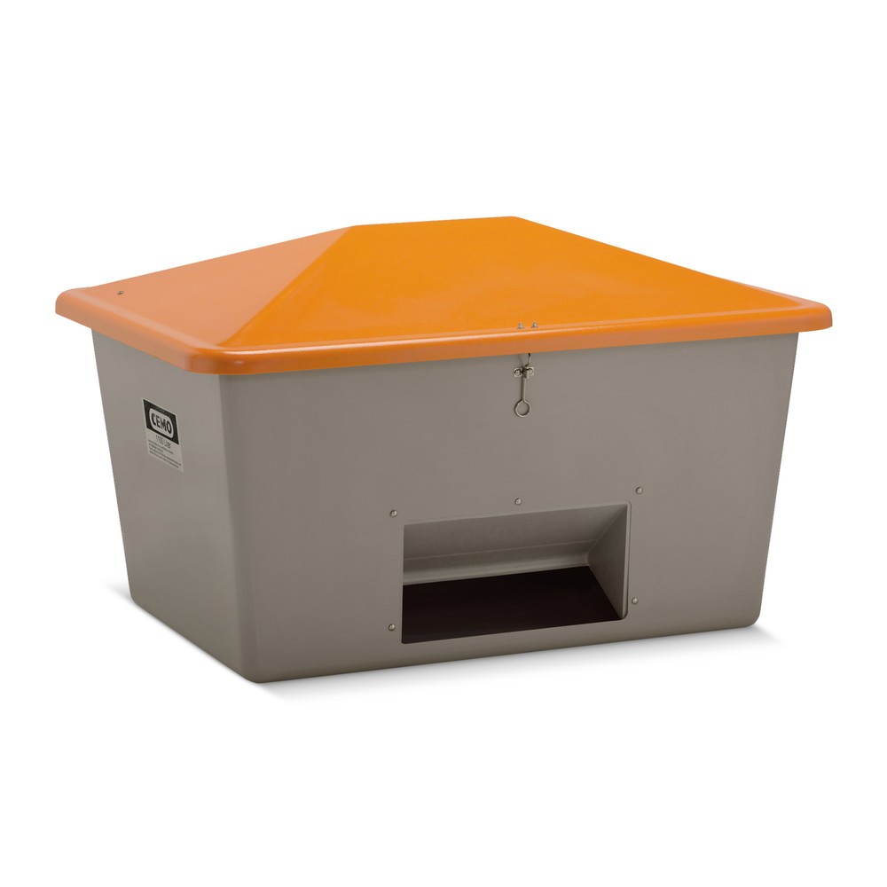 Bac à sel CEMO avec ouverture d’écoulement, gris/orange, 1 100 litres