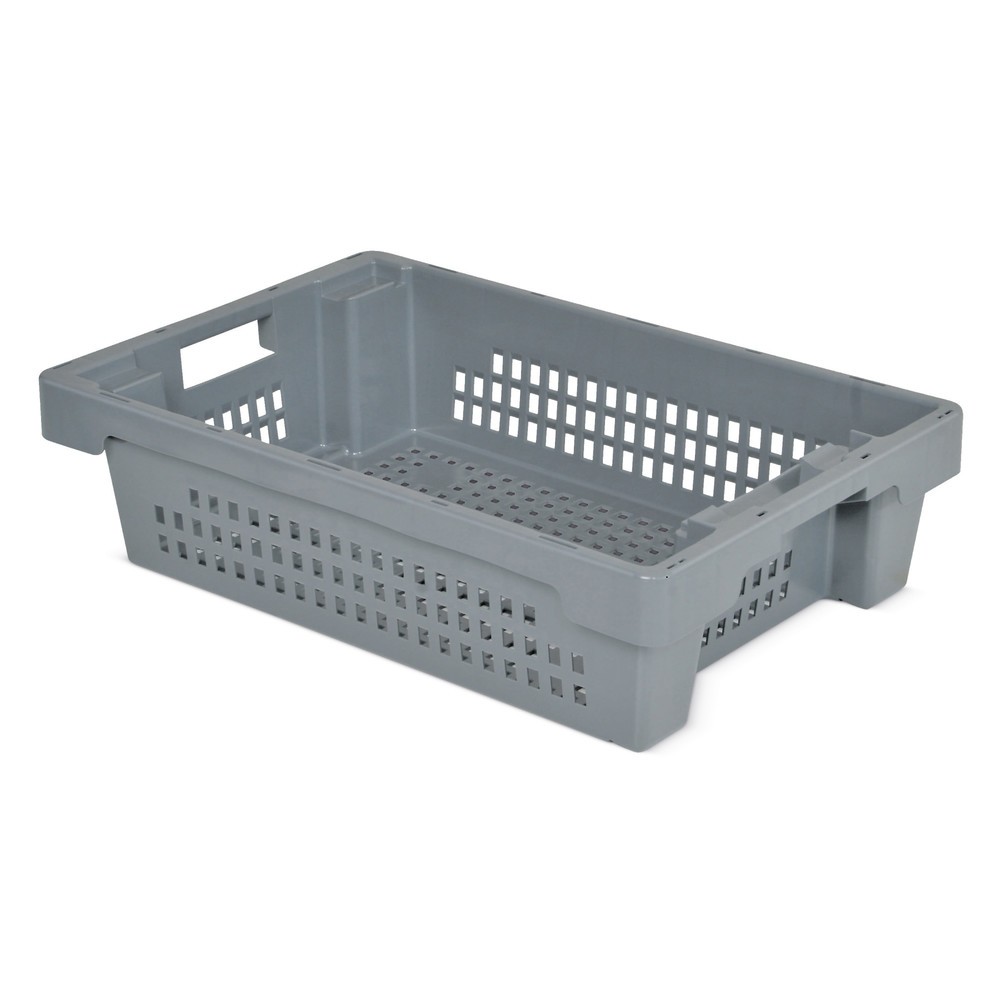 Bacs emboîtables et empilables, parois + fond perforés, 25 litres, gris