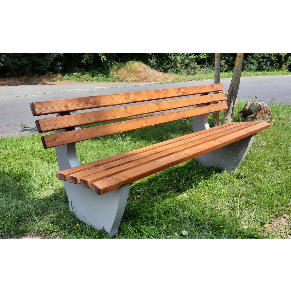 Banc Kopenhagen avec pied en béton, lattes en PVC avec insert en bois, brun