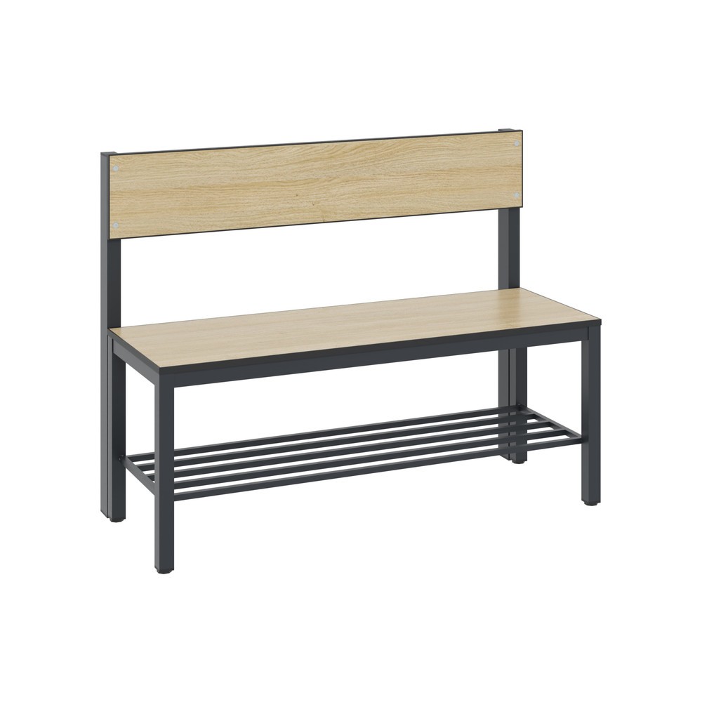 Banc pour vestiaire C+P Basic Plus, longueur 1 000 mm, utilisable d’un seul côté, avec dossier, avec râtelier range-chaussures, gris-noir/chêne Sereno