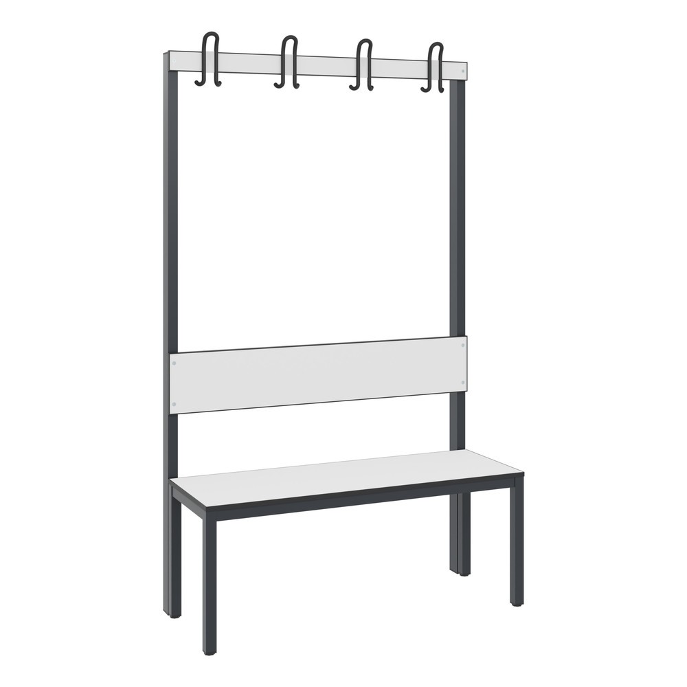 Banc pour vestiaire C+P Basic Plus, longueur 1 000 mm, utilisable d’un seul côté, avec dossier, 4 crochets doubles, gris-noir / blanc