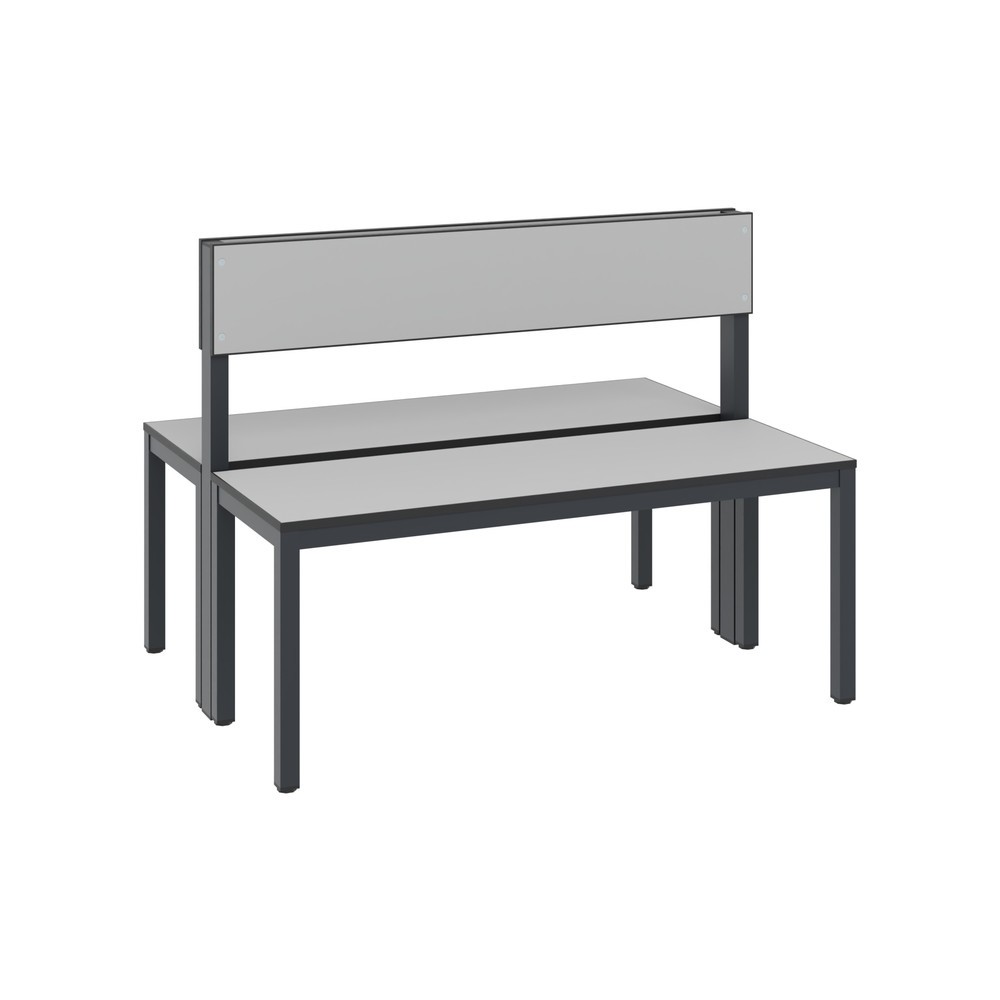 Banc pour vestiaire C+P Basic Plus, longueur 1 000 mm, utilisable des deux côtés, avec dossier, gris-noir/gris-argent