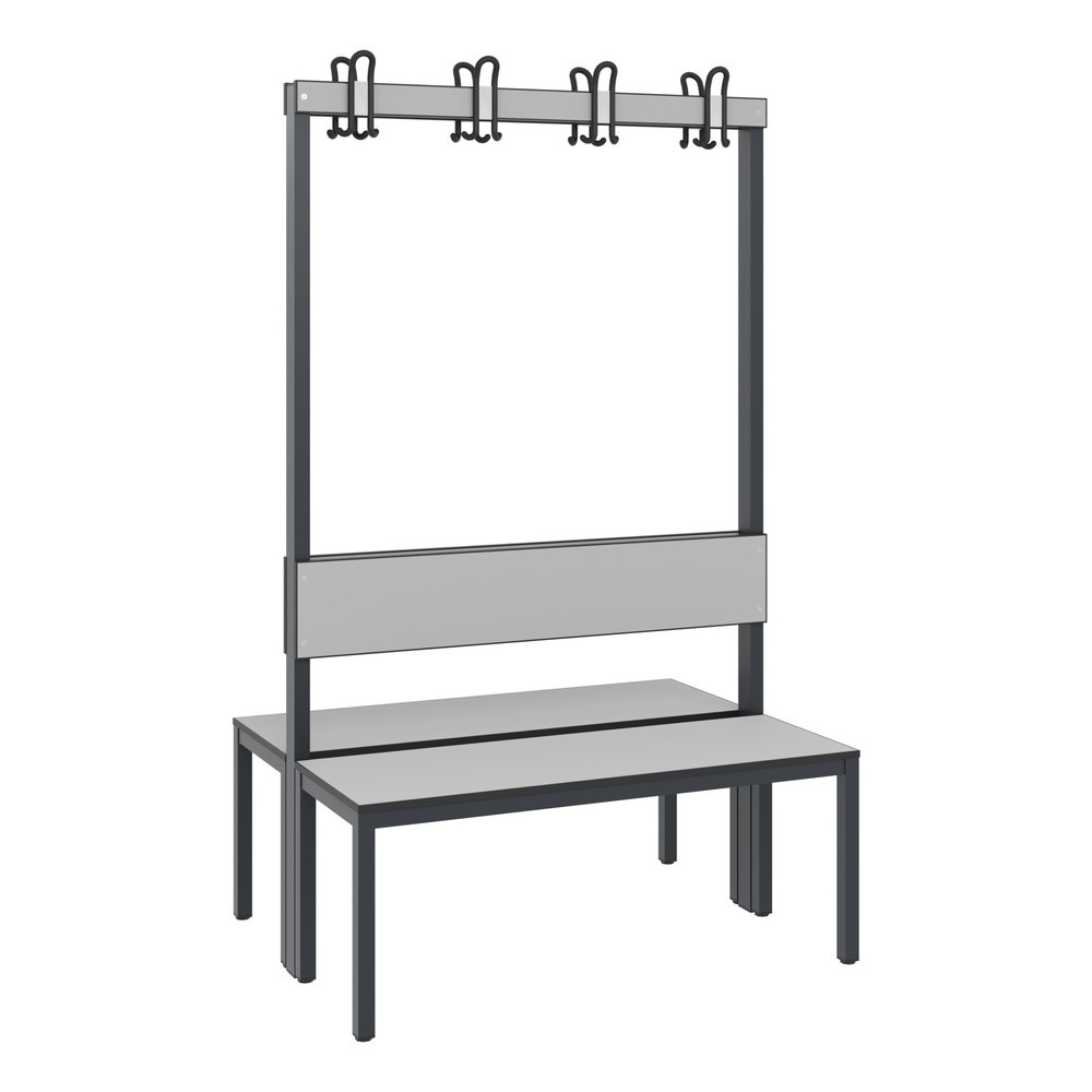 Banc pour vestiaire C+P Basic Plus, longueur 1 000 mm, utilisable d’un seul côté, avec dossier, 2x4 crochets doubles, gris-noir/gris-argent