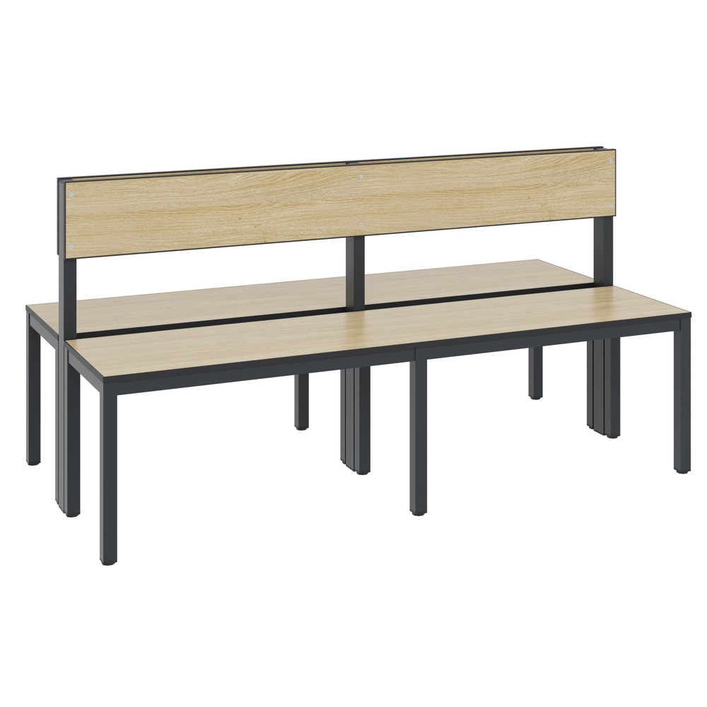 Banc pour vestiaire C+P Basic Plus, longueur 1 500 mm, utilisable des deux côtés, avec dossier, gris-noir/chêne Sereno