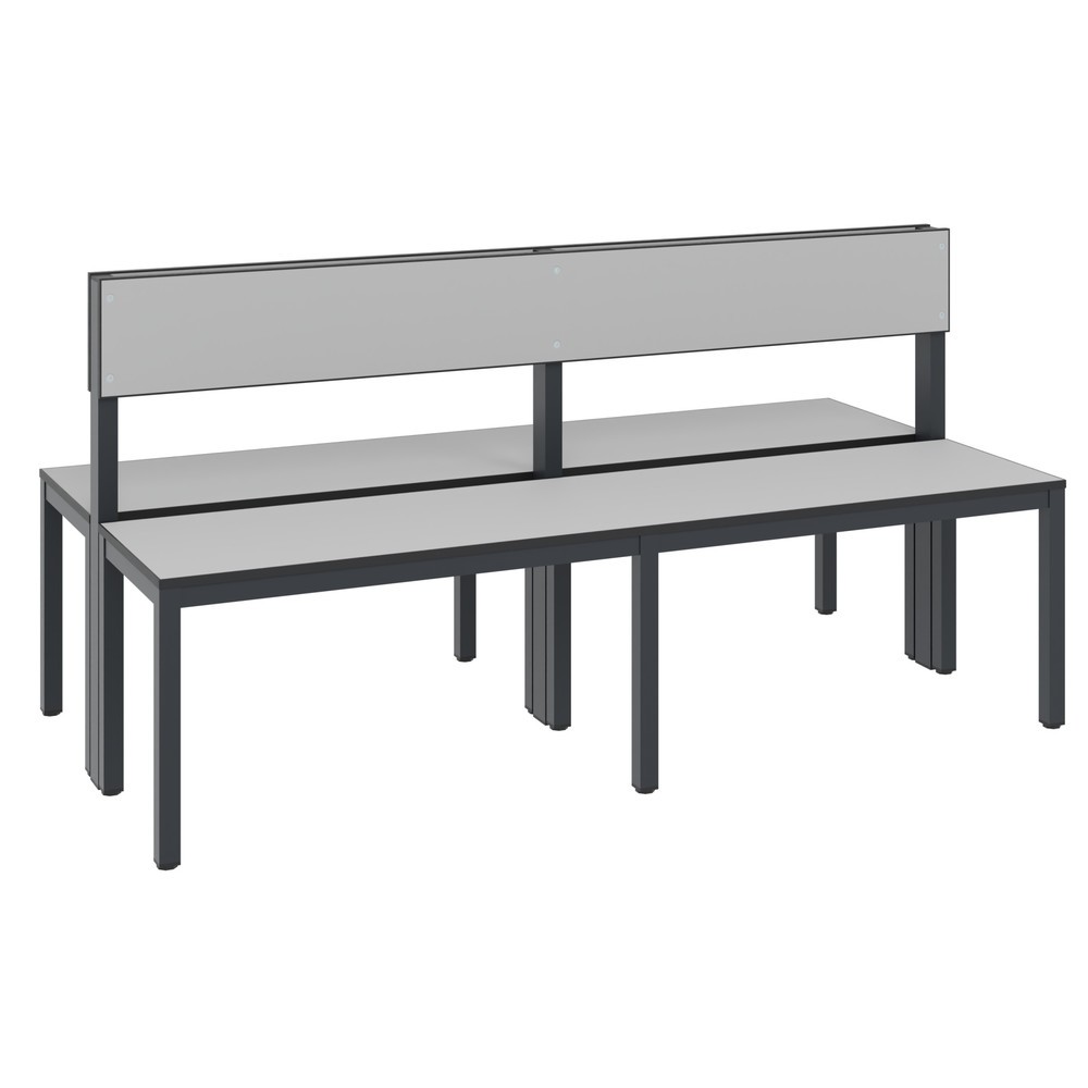 Banc pour vestiaire C+P Basic Plus, longueur 1 500 mm, utilisable des deux côtés, avec dossier, gris-noir/gris-argent