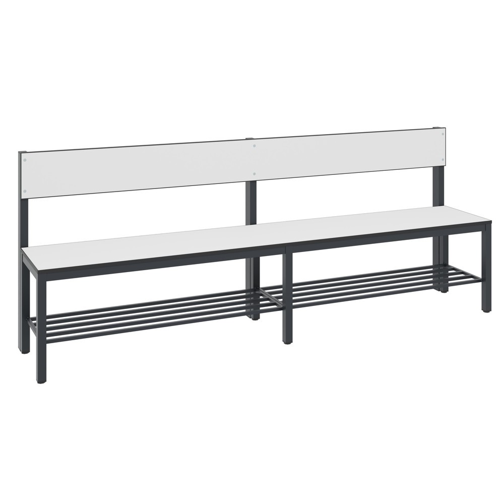 Banc pour vestiaire C+P Basic Plus, longueur 1 960 mm, utilisable d’un seul côté, avec dossier, avec râtelier range-chaussures, gris-noir/blanc