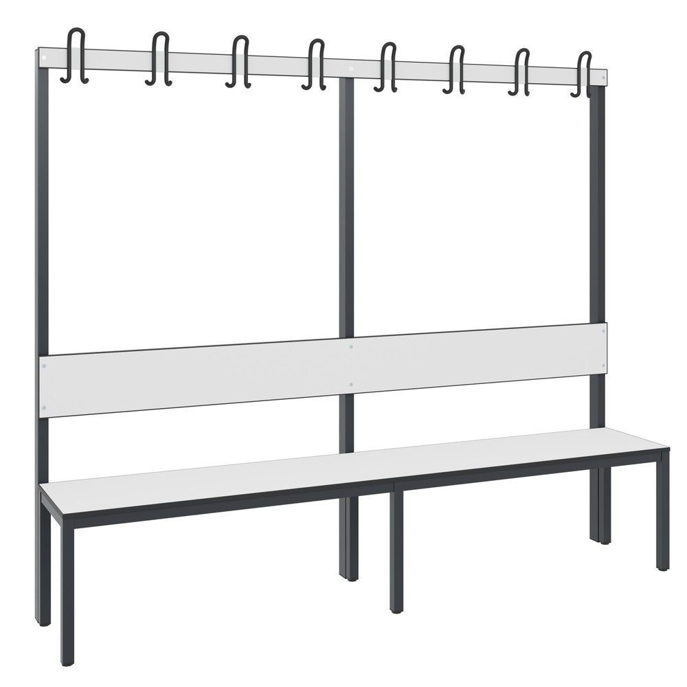 Banc pour vestiaire C+P Basic Plus, longueur 1 960 mm, utilisable d’un seul côté, avec dossier, 8 crochets doubles, gris-noir / blanc