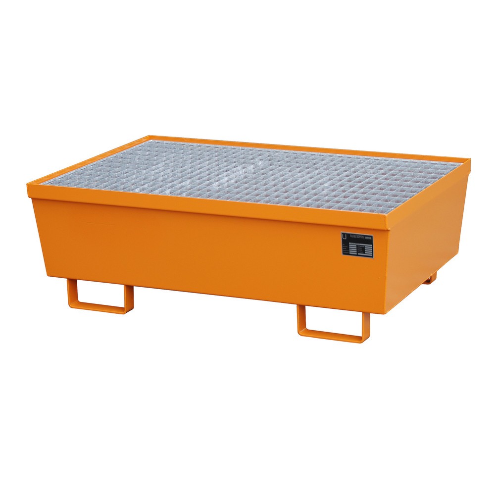 Bauer® Bac de rétention en acier, HxlxP 415 x 800 x 1 200 mm, avec caillebotis grille, jaune-orange