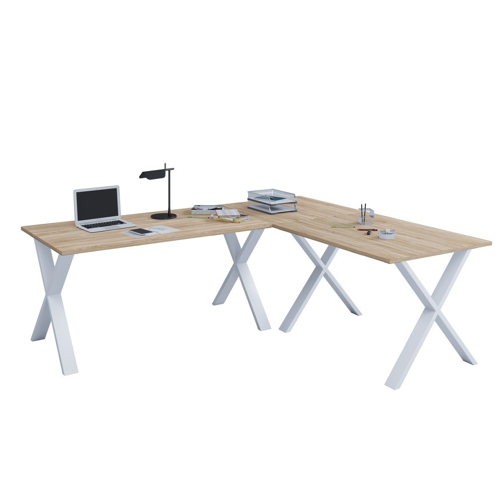 Bureau d'angle Lona, lxP 190 x 80 et 190 x 80 cm, pieds en X, chêne Sonoma