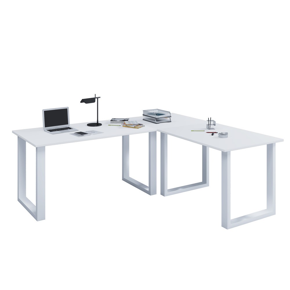 Bureau d'angle Lona, lxP 220 x 80 et 190 x 80 cm, pieds en U, blanc