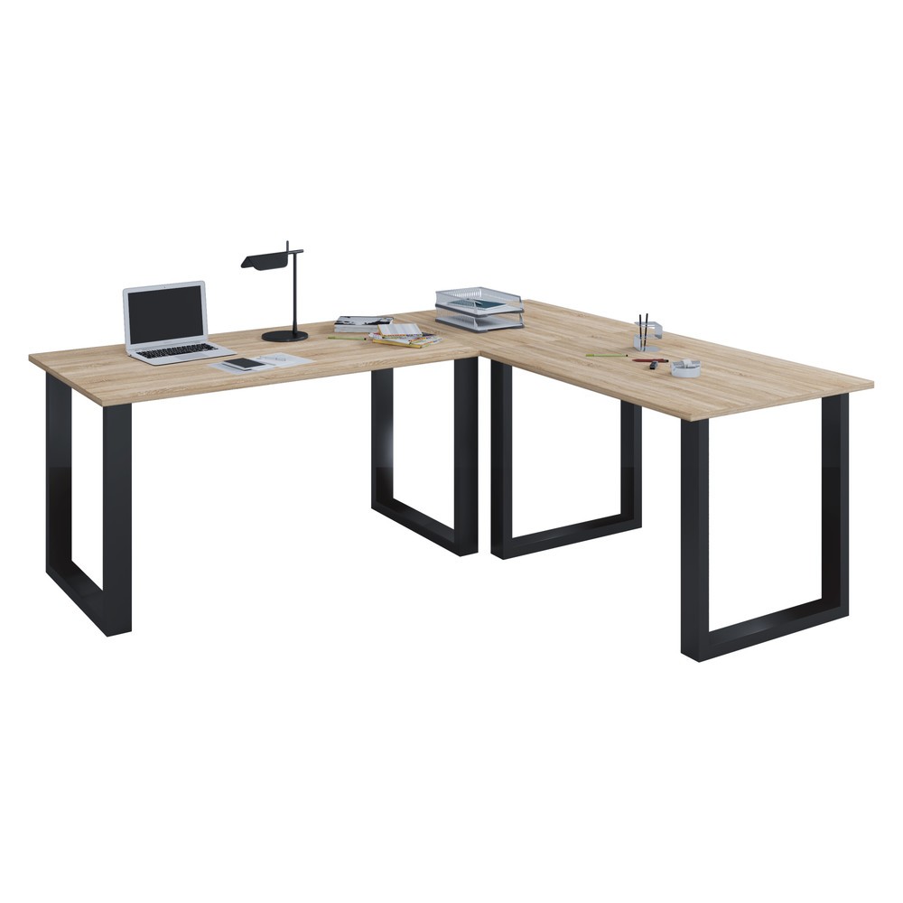 Bureau d'angle Lona, plateaux de table LxP 1 400 x 800 et 800 x 800 mm, plaque d'angle LxP 800 x 800 mm, pieds en U, chêne Sonoma/noir