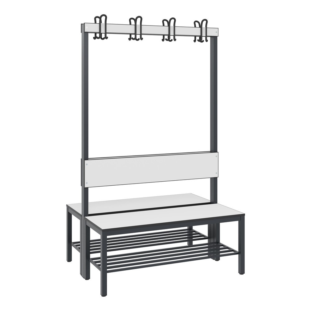 C+P Umkleidesitzbank Basic Plus, Länge 1.000 mm, doppelseitig, mit Rückenlehne, 2x4 Doppelhaken, inkl. Schuhrost, schwarzgrau/weiß