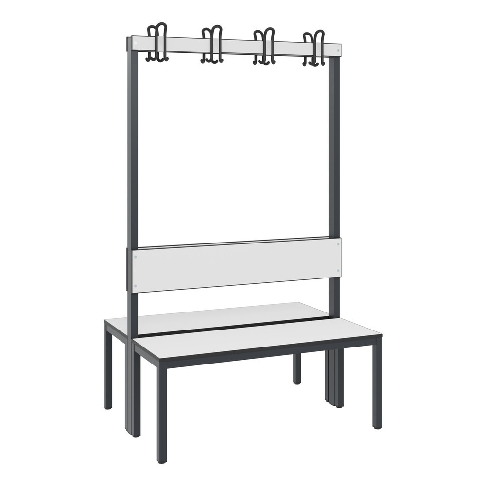 C+P Umkleidesitzbank Basic Plus, Länge 1.000 mm, doppelseitig, mit Rückenlehne, 2x4 Doppelhaken, schwarzgrau/weiß