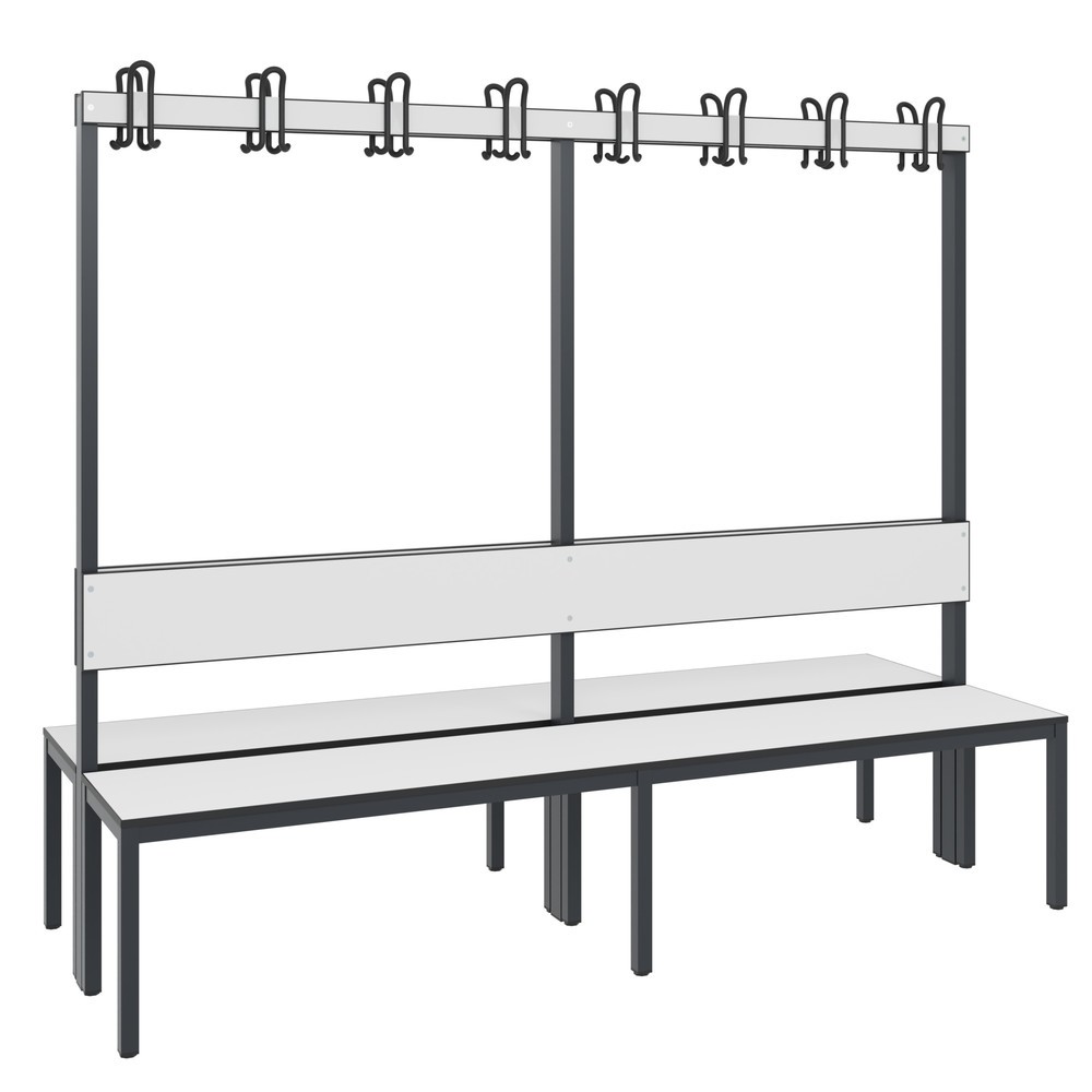 C+P Umkleidesitzbank Basic Plus, Länge 1.960 mm, doppelseitig, mit Rückenlehne, 2x8 Doppelhaken, schwarzgrau/weiß