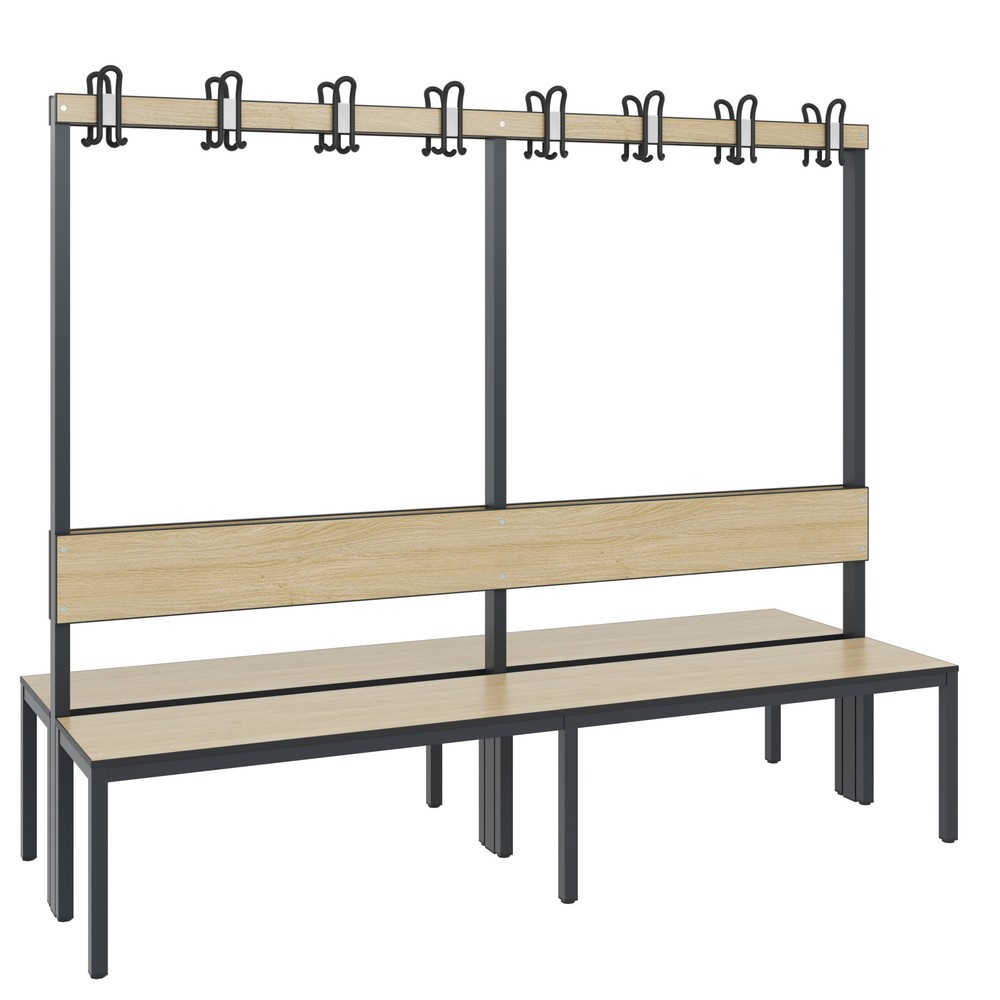 C+P Umkleidesitzbank Basic Plus, Länge 1.960 mm, doppelseitig, mit Rückenlehne, 2x8 Doppelhaken, schwarzgrau/Eiche Sereno