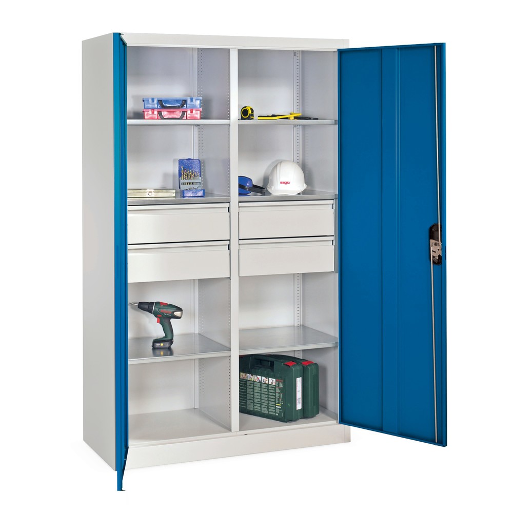 C+P Werkzeugschrank, Schubladen 4x174 mm, 6 Böden, Breite 1.200 mm, lichtgrau, enzianblau