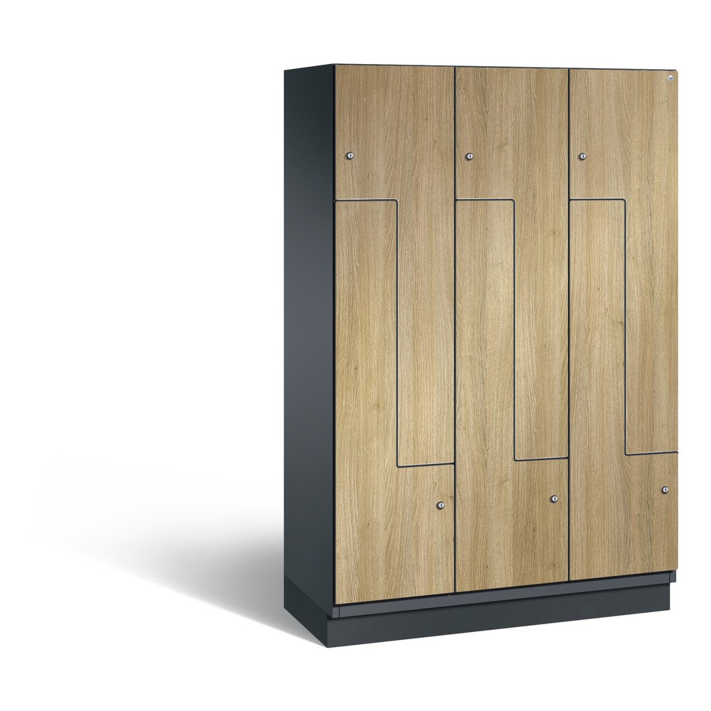 Armoire-penderie en Z Cambio C+P, 3 compartiments, largeur des compartiments 400 mm, HxlxP 1 980x1 200x525 mm, RAL 7021 gris noir, décor chêne Sereno, socle