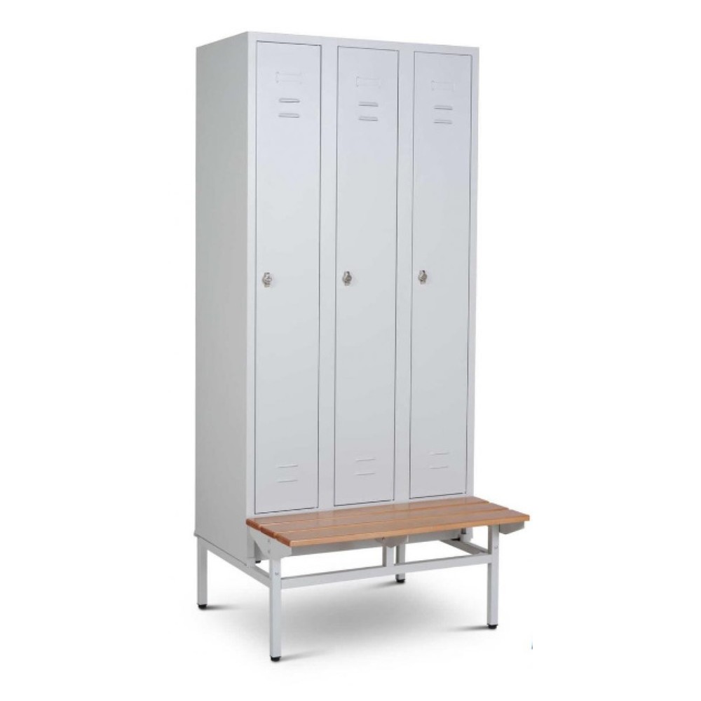 CEHA Kleiderspind mit Sitzbank HG-SB-1, Drehriegelverschluss, 3 Abteile, HxBxT 1.800 x 900 x 500 mm, lichtgrau