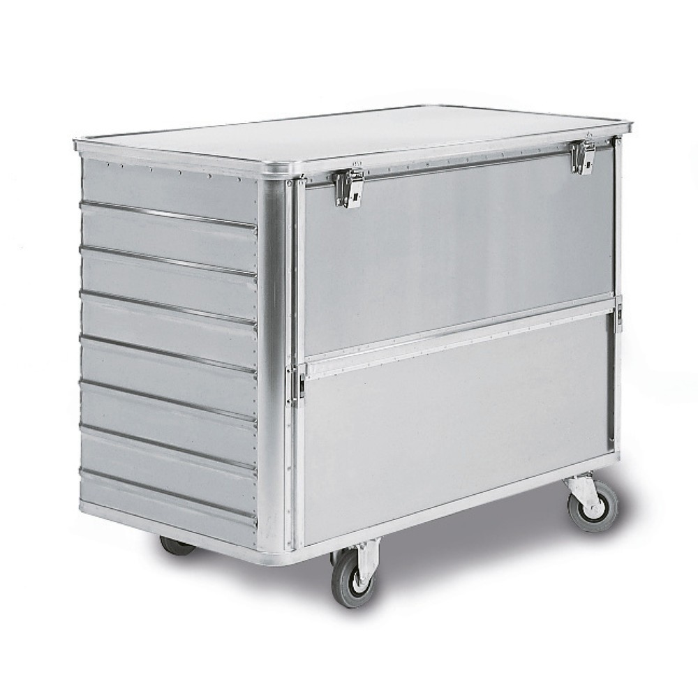 Chariot-caisse en aluminium avec paroi semi-abaissable, 355 litres, avec couvercle + serrure