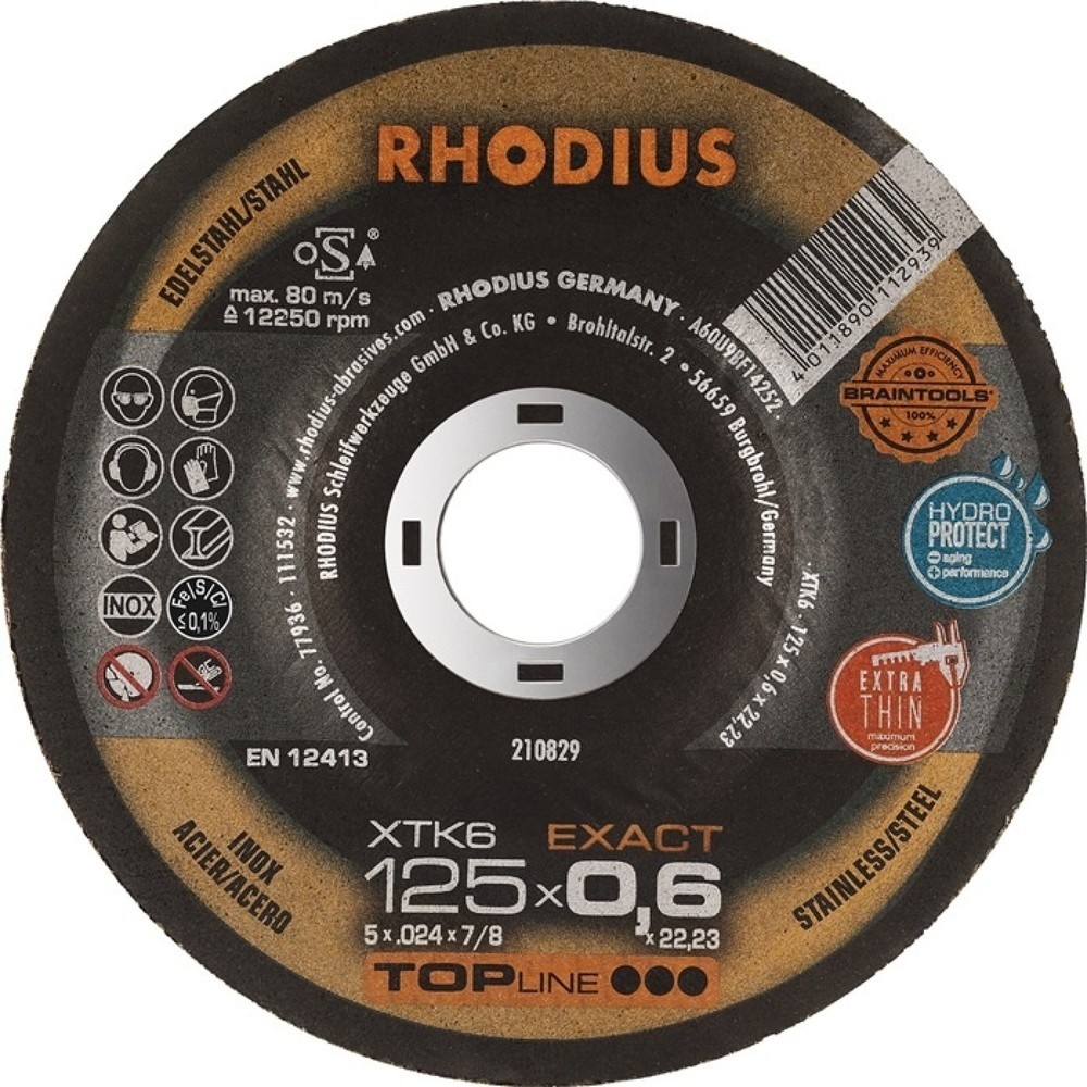 Disque à tronçonner XTK6 EXACT RHODIUS D125x0,6mm, INOX dr. alésage 22,23 mm