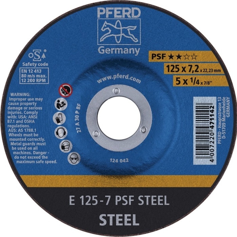 Meule à ébarber PSF STEEL D125xép.7,2 mm contre-coudé acier perçage 22,23 mm PFE