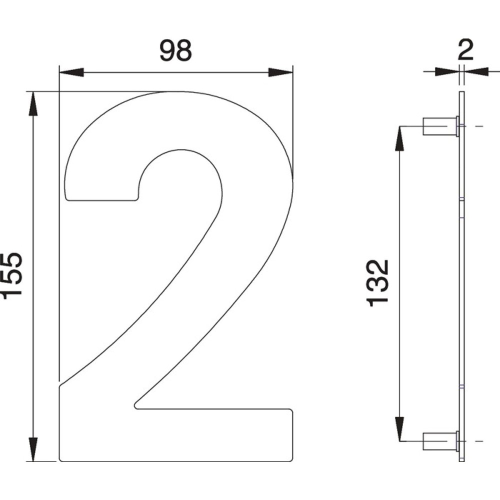 EDI Numéro de maison chiffre 2, 150 mm largeur 98 mm, acier inoxydable mat