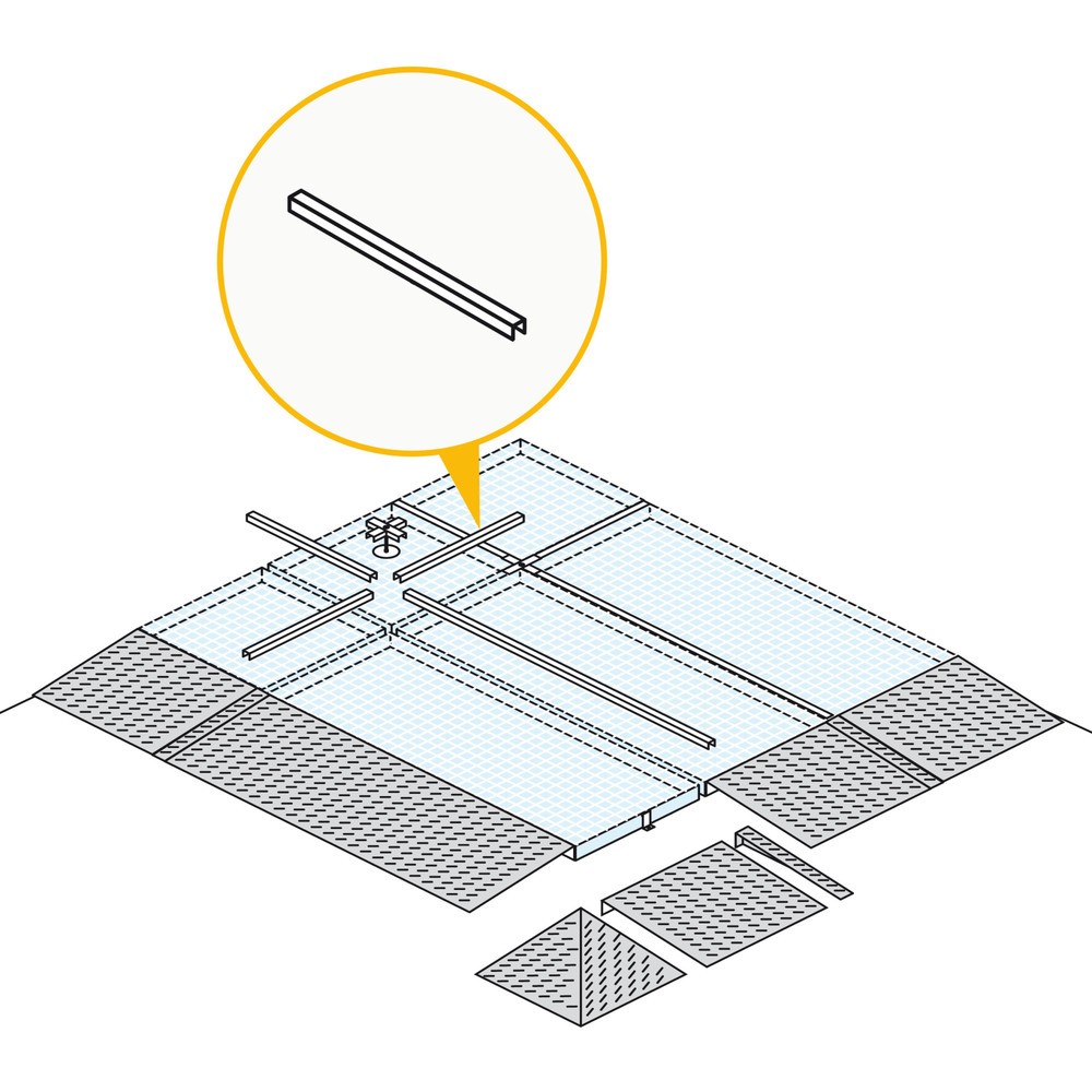 Élément de liaison pour bac de rétention plat en acier, capacité de charge 6 500 kg/m², longueur 470 mm