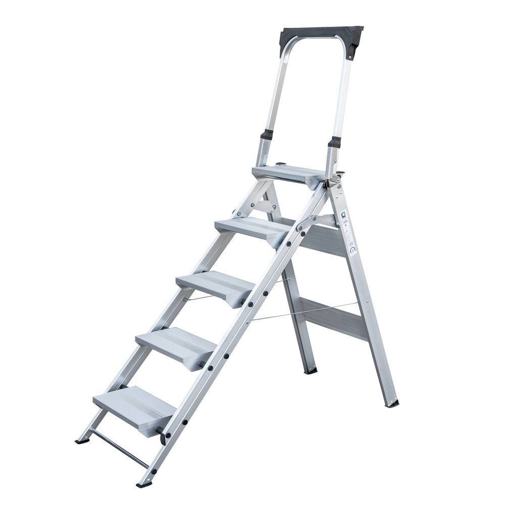 Escalier pliable cannelé en aluminium à 5 niveaux avec support de retenue et plateau de rangement