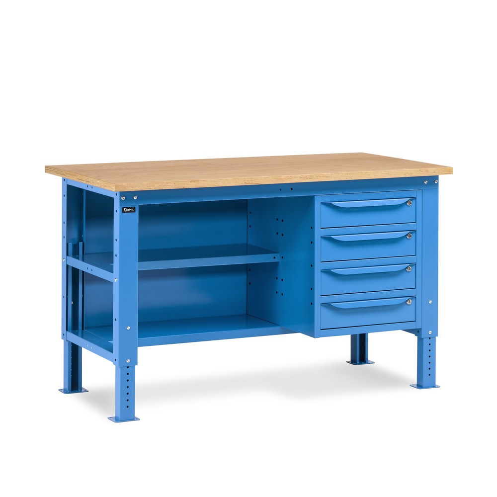 Établi Fami, réglable en Hauteur de construction, 4 tiroirs, Paroi arrière et 2 étagères, capacité de charge 1 000 kg, HxLxP 740-1,110 x 1500 x 750 mm, RAL 5012 bleu clair