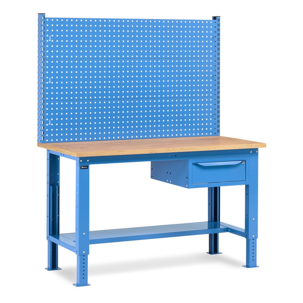 Établi Fami, réglable en Hauteur de construction, avec Mur multifonction et 1 tiroir, capacité de charge 1 000 kg, HxLxP 740-1,110 x 1500 x 750 mm, RAL 5012 bleu clair