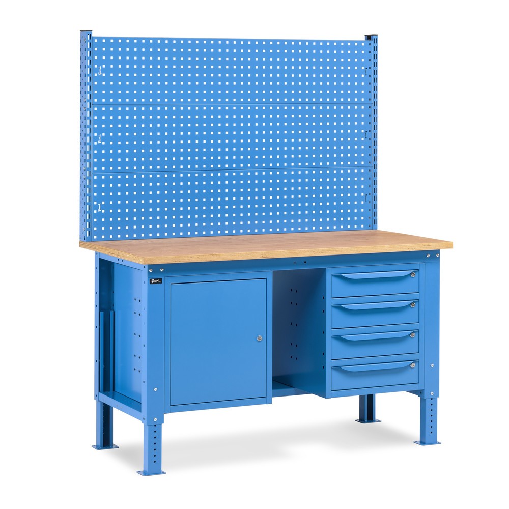 Établi Fami, réglable en Hauteur de construction, avec Mur multifonction, 4 tiroirs (espace) et Armoire, capacité de charge 1 000 kg, HxLxP 740-1,110 x 1 500 x 750 mm, RAL 5012 bleu clair