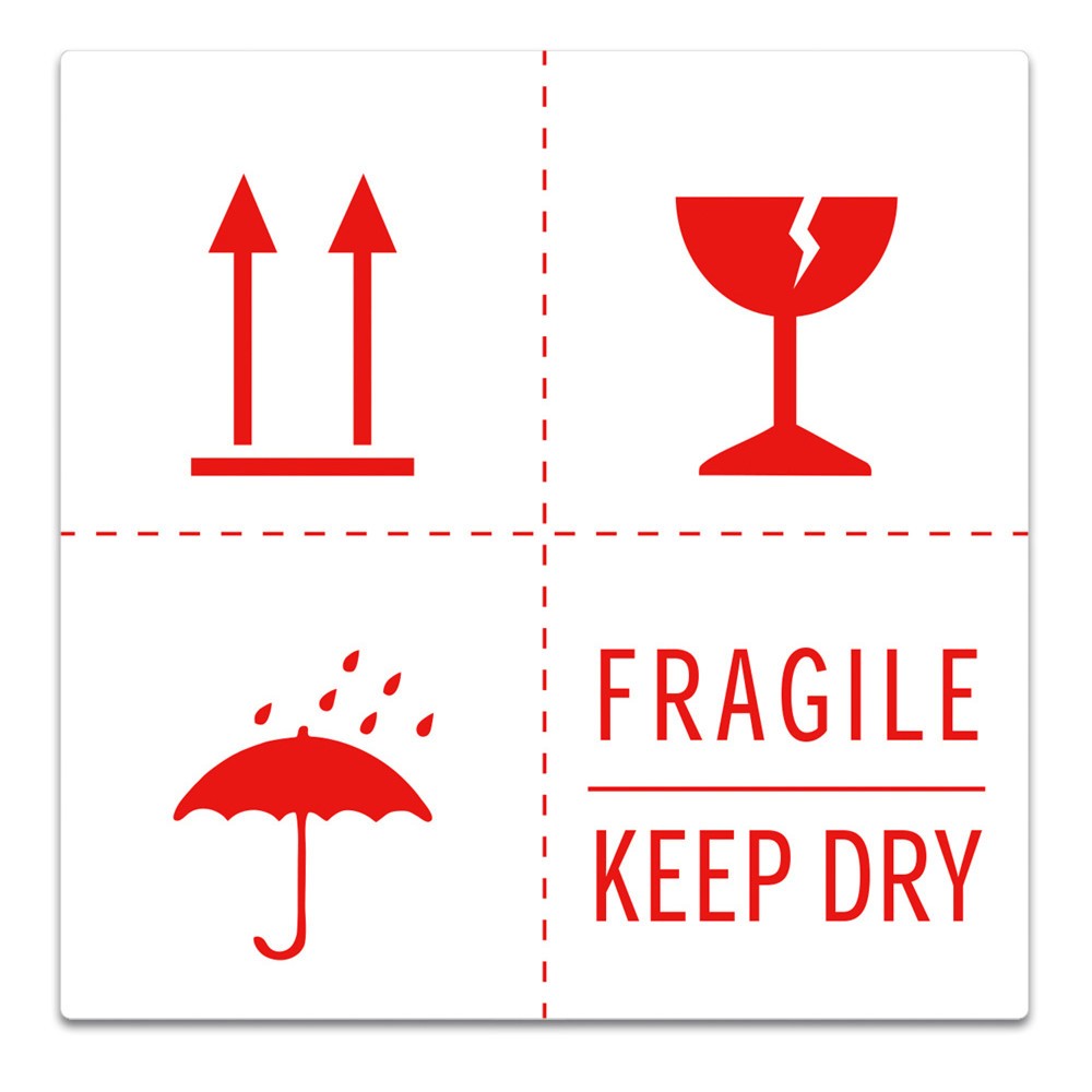 Étiquettes adhésives auto-collantes « Fragile + Keep dry + symbole parapluie + flèches vers le haut », lxL 100 x 100 mm, 1.000 pcs/UV