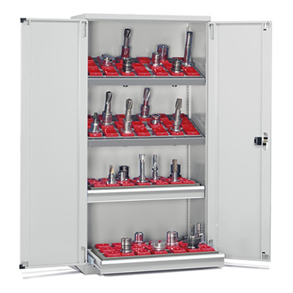 Fami PERFOM Armoire à outils CNC, 2 tiroirs, 2 tablettes, HxlxP 2 000 x 1 023 x 726 mm, 84 supports d'outils ISO 40, gris clair