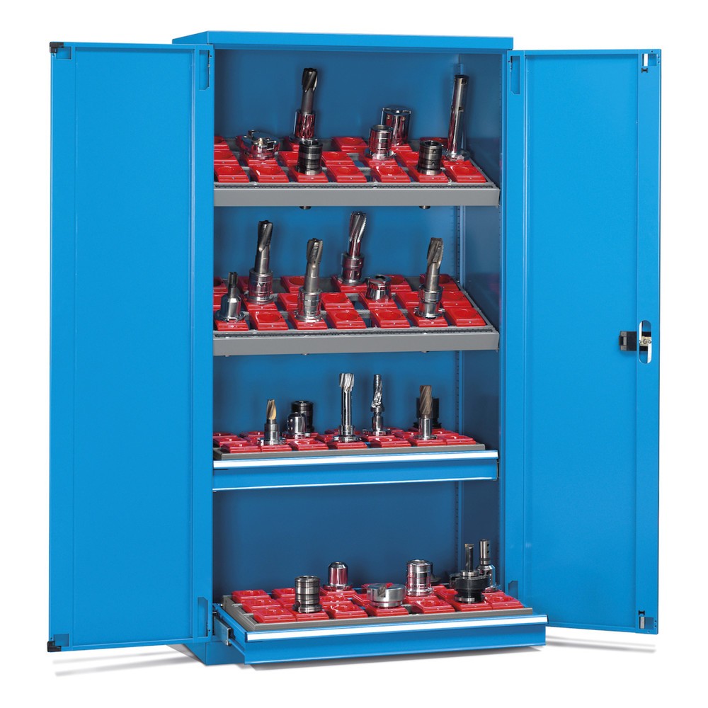 Fami PERFOM Armoire à outils CNC, 2 tiroirs, 2 tablettes, HxlxP 2 000 x 1 023 x 726 mm, 84 supports d'outils ISO 40, bleu clair