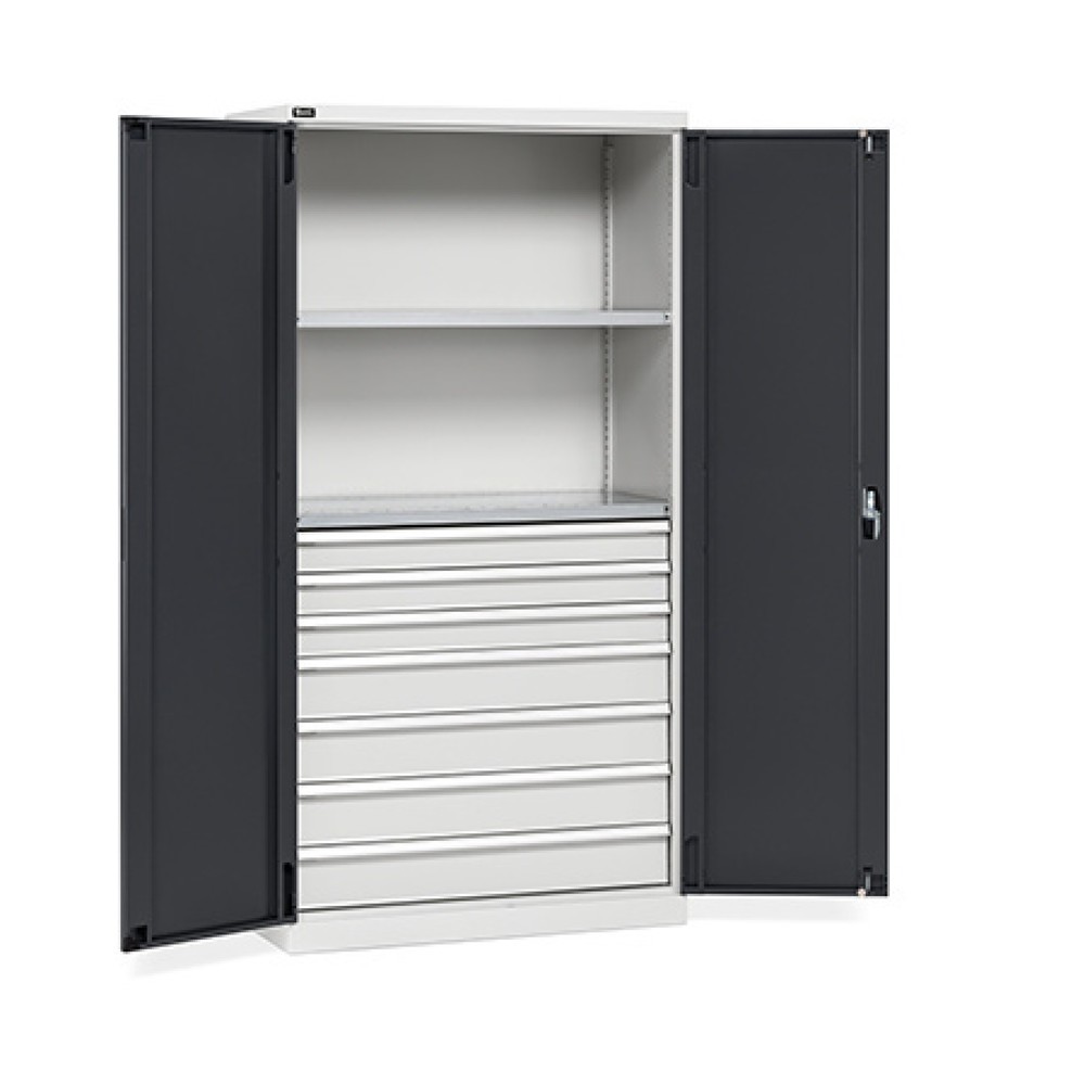 Fami PERFOM Armoire à portes battantes, 7 tiroirs, 2 tablettes, HxlxP 2 000 x 1 023 x 726 mm, gris clair, anthracite