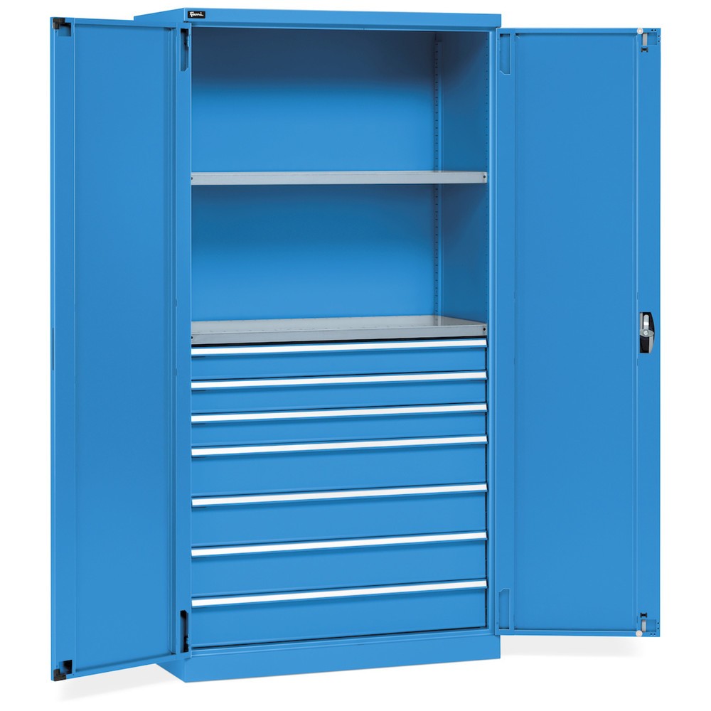 Fami PERFOM Armoire à portes battantes, 7 tiroirs, 2 tablettes, HxlxP 2 000 x 1 023 x 726 mm, bleu clair