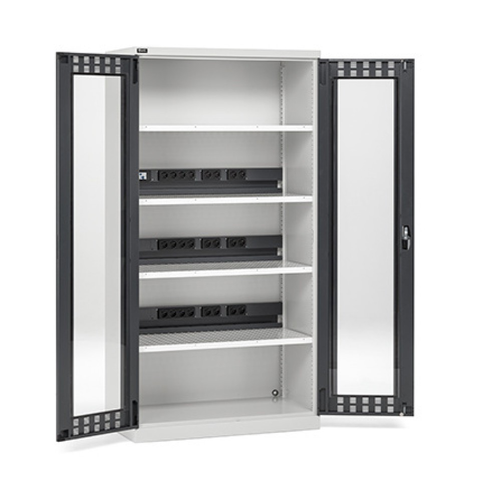 Fami PERFOM Armoire de charge de batteries avec portes transparentes, capacité de charge 1 200 kg, 4 tablettes perforées, HxlxP 2 000 x 1 023 x 726 mm, gris clair, anthracite