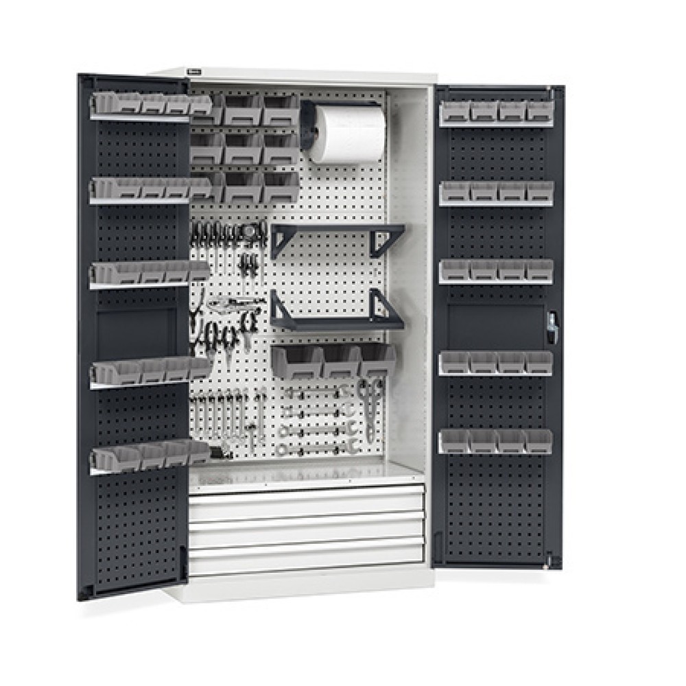 Fami PERFOM Werkstattschrank, 4 Lochböden, 3 Schubladen, Lochplatten für Tür, Sichtlagerkästen, HxBxT 2.000 x 1.023 x 726 mm, lichtgrau, anthrazit