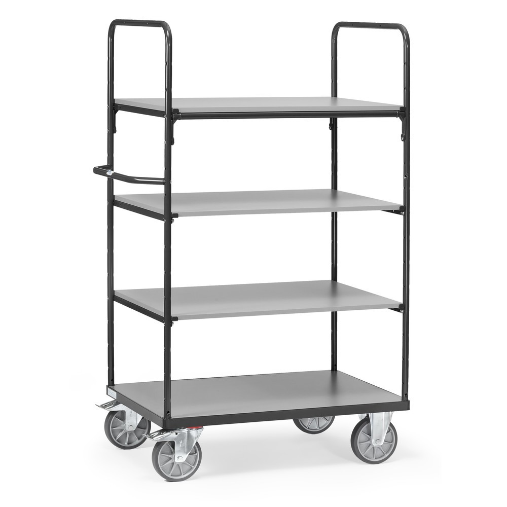 fetra® Chariot à plate-forme avec tablettes en bois, 4 plateaux de 1 000 x 600 mm, hauteur 1 800 mm, gris anthracite