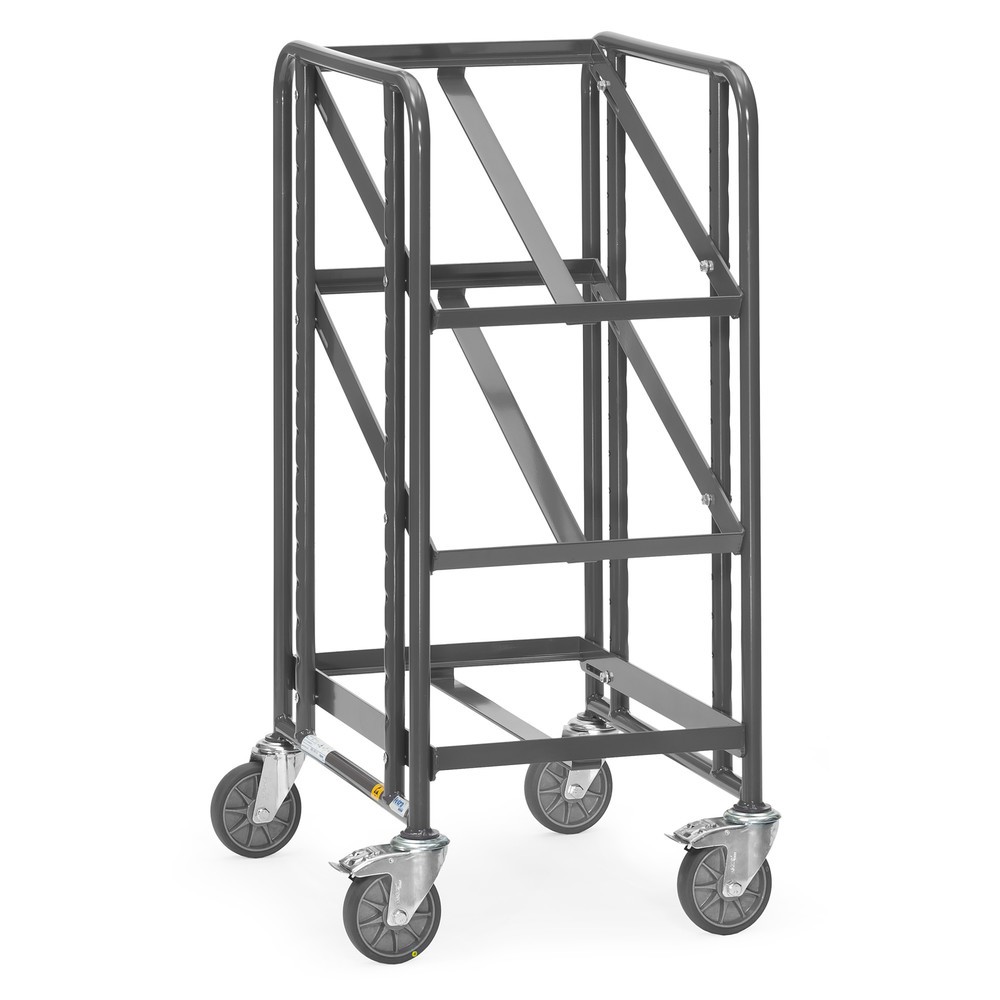 Chariot à plateaux pour bacs Euro ESD fetra®, capacité de charge 250 kg, 3 surfaces de chargement à 410 x 610 mm, sans tablette